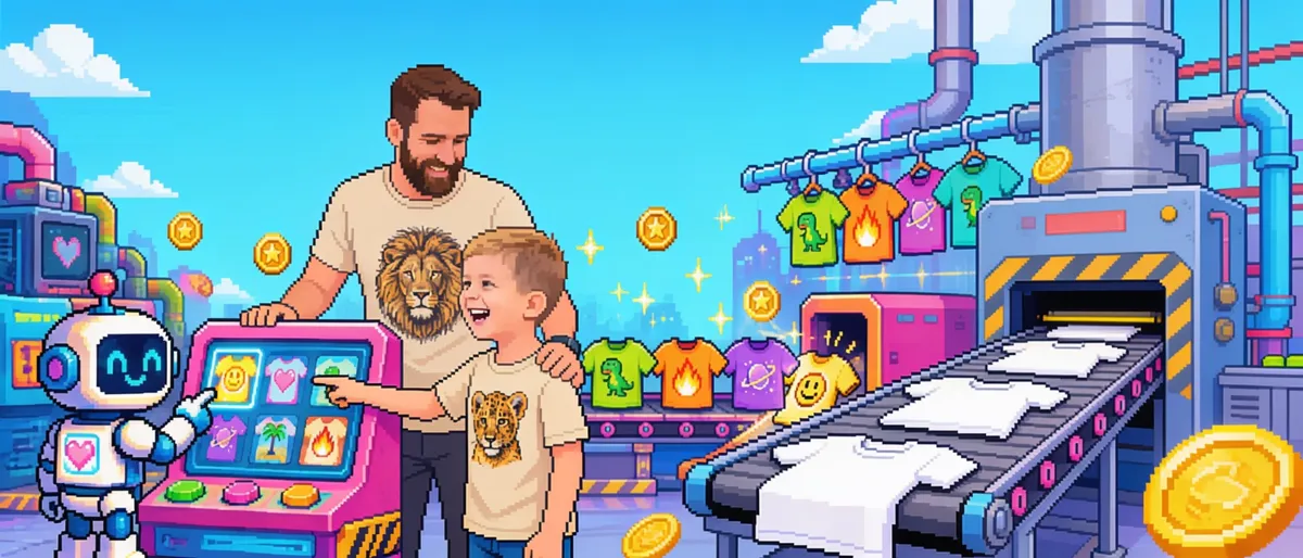 Tata i syn wybierają wzór koszulki w Vizulai, grafika pixel art
