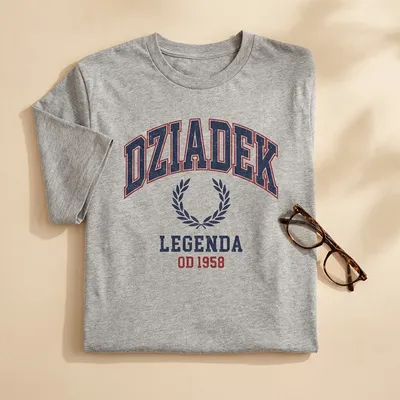 Szara koszulka, vintage odznaka, hasło Dziadek legenda od 1958