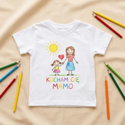 Biała koszulka, rysunek dziecka, hasło Kocham Cię Mamo