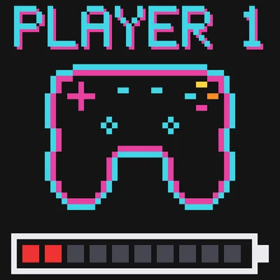 Czarna koszulka, pixel-art kontroler do gier, hasło Player 1